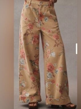 Pilcro Wide Leg Floral Print Pants in Camel with Rose Accents